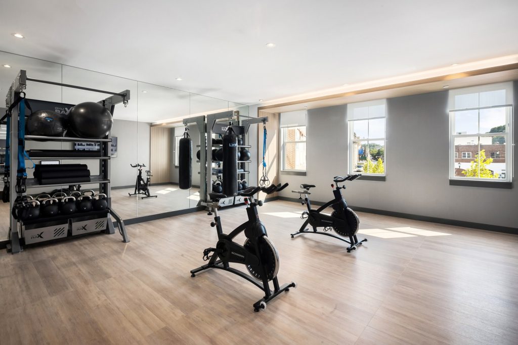 Fitness studio with bicycles.